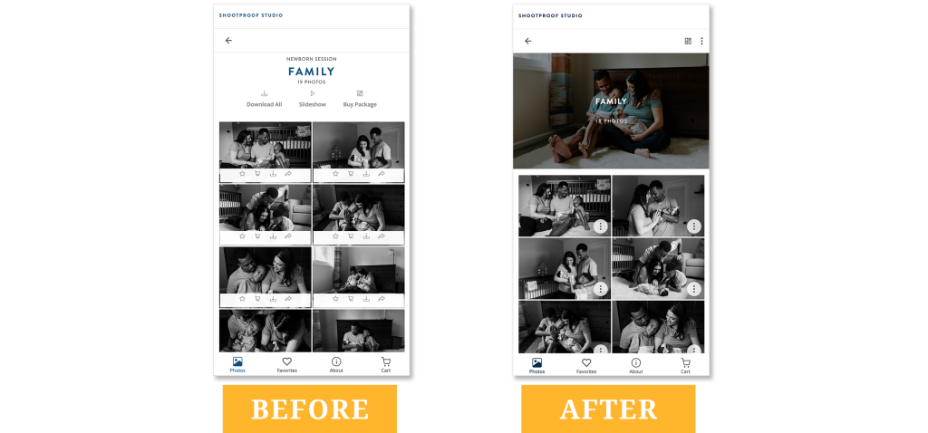 Before and after mobile view of ShootProof galleries