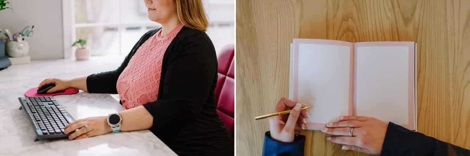 a woman, pictures from the chin down, works at a white desk; an open notebook is depicted from above