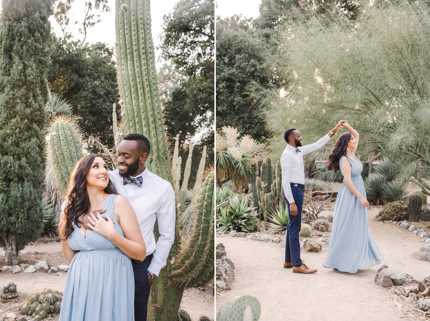 A couple hugs and twirls in a cactus garden