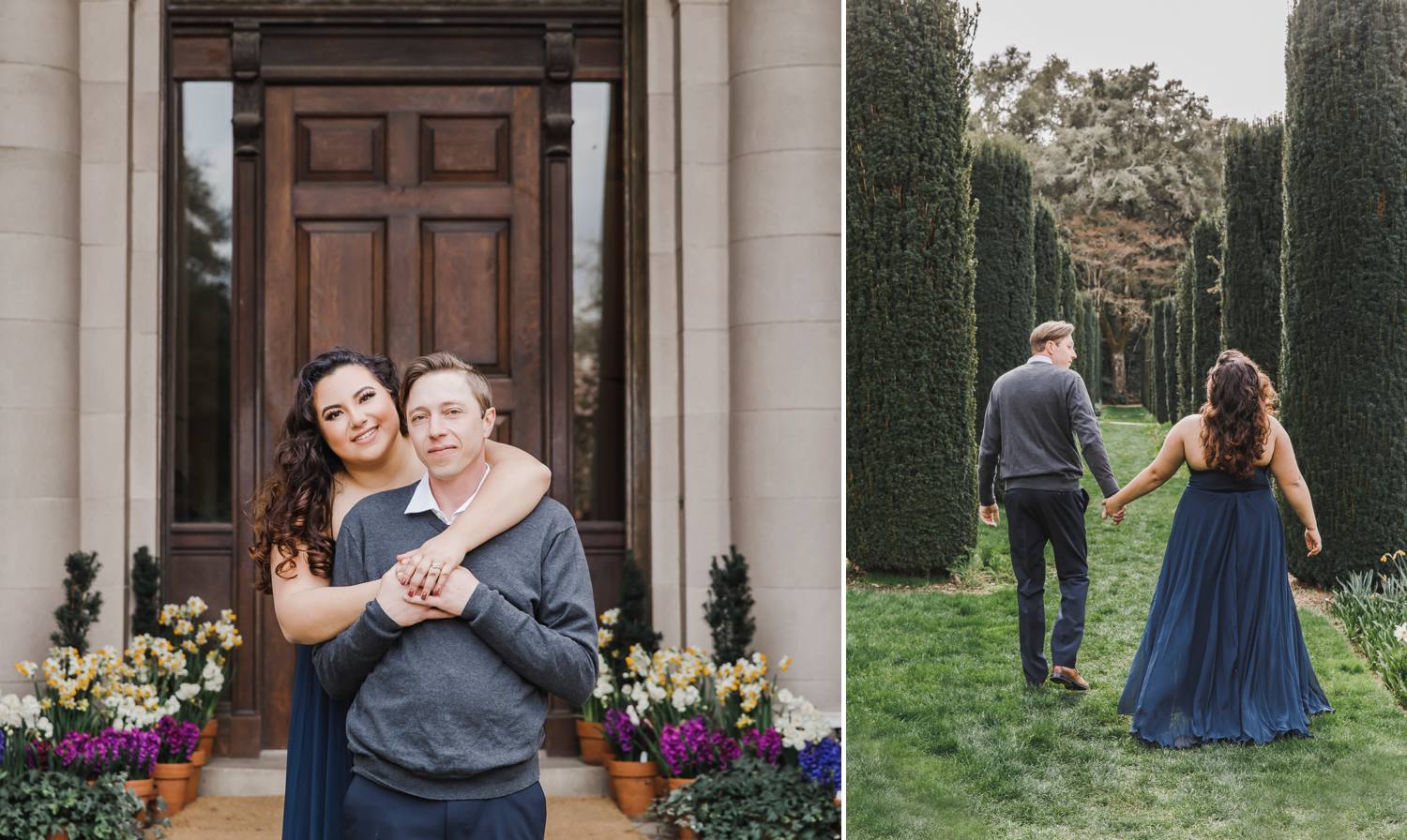 An engaged couple poses for photos in front of an old mansion
