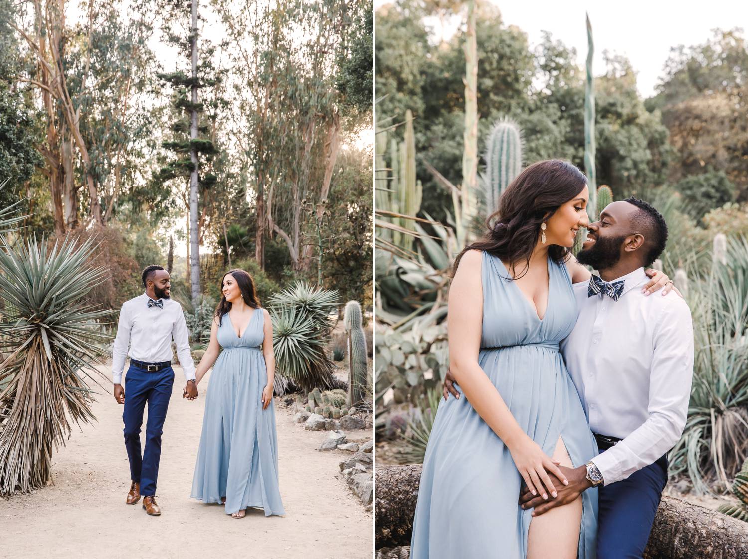 A man and woman stroll through a garden of succulents