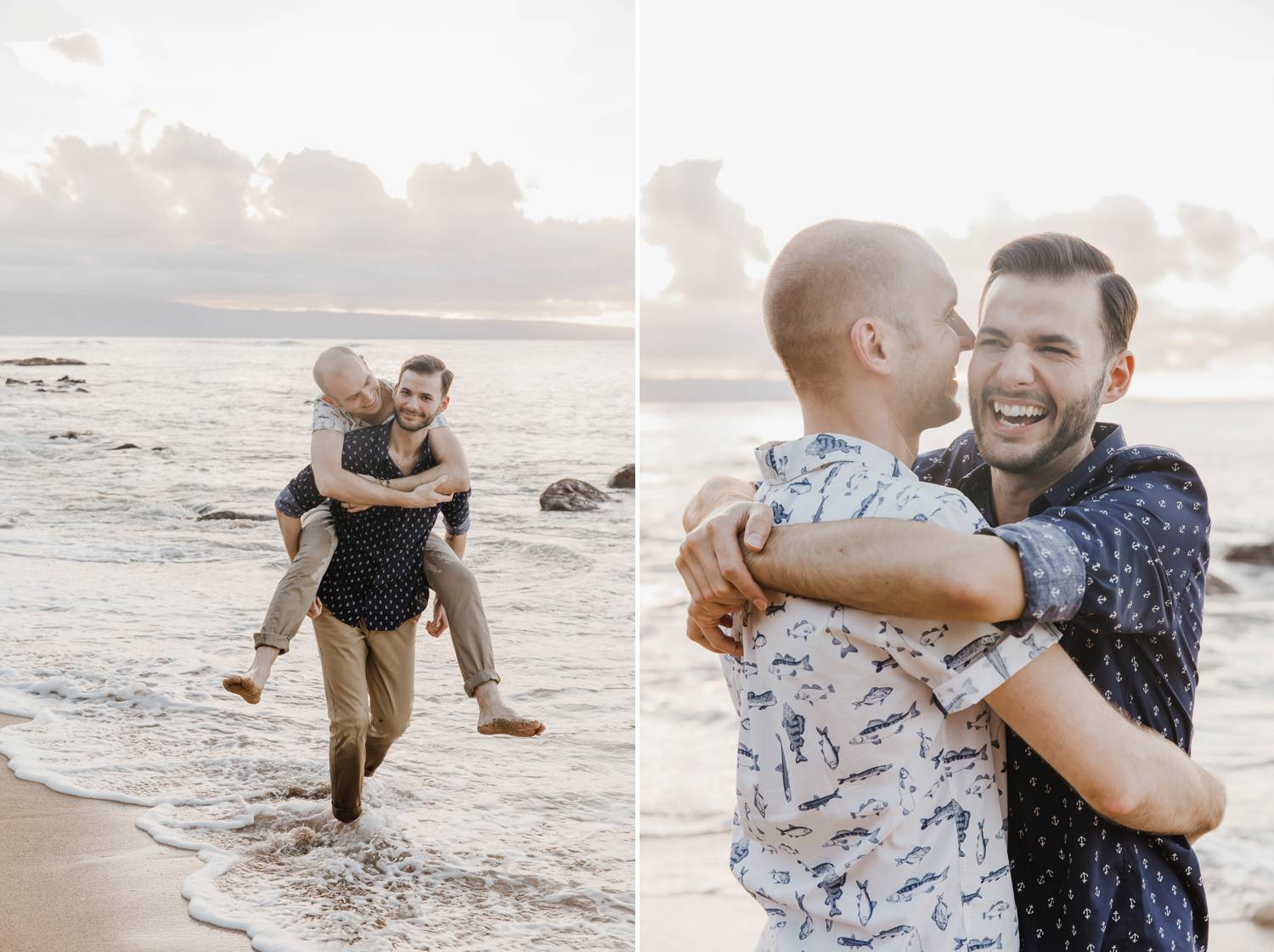Two men play in the surf at sunset, giving one another piggy back rides and hugging one another close.