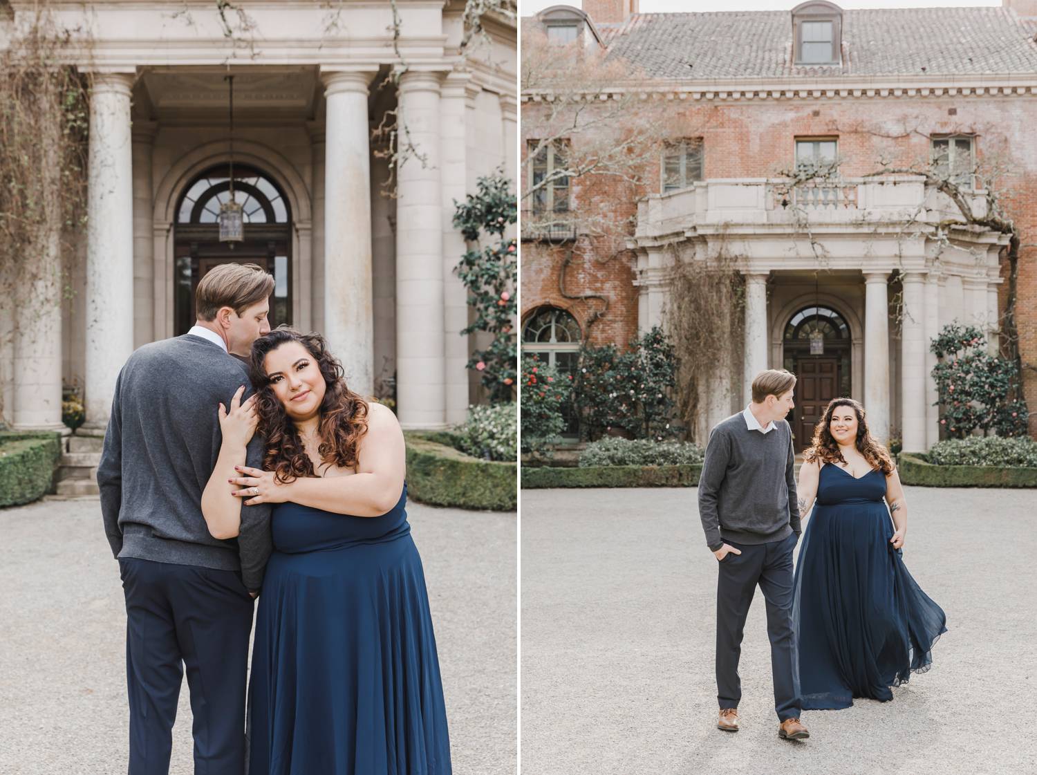 An engaged couple poses for photos in front of a beautiful old mansion. The woman wears a navy blue maxi dress.