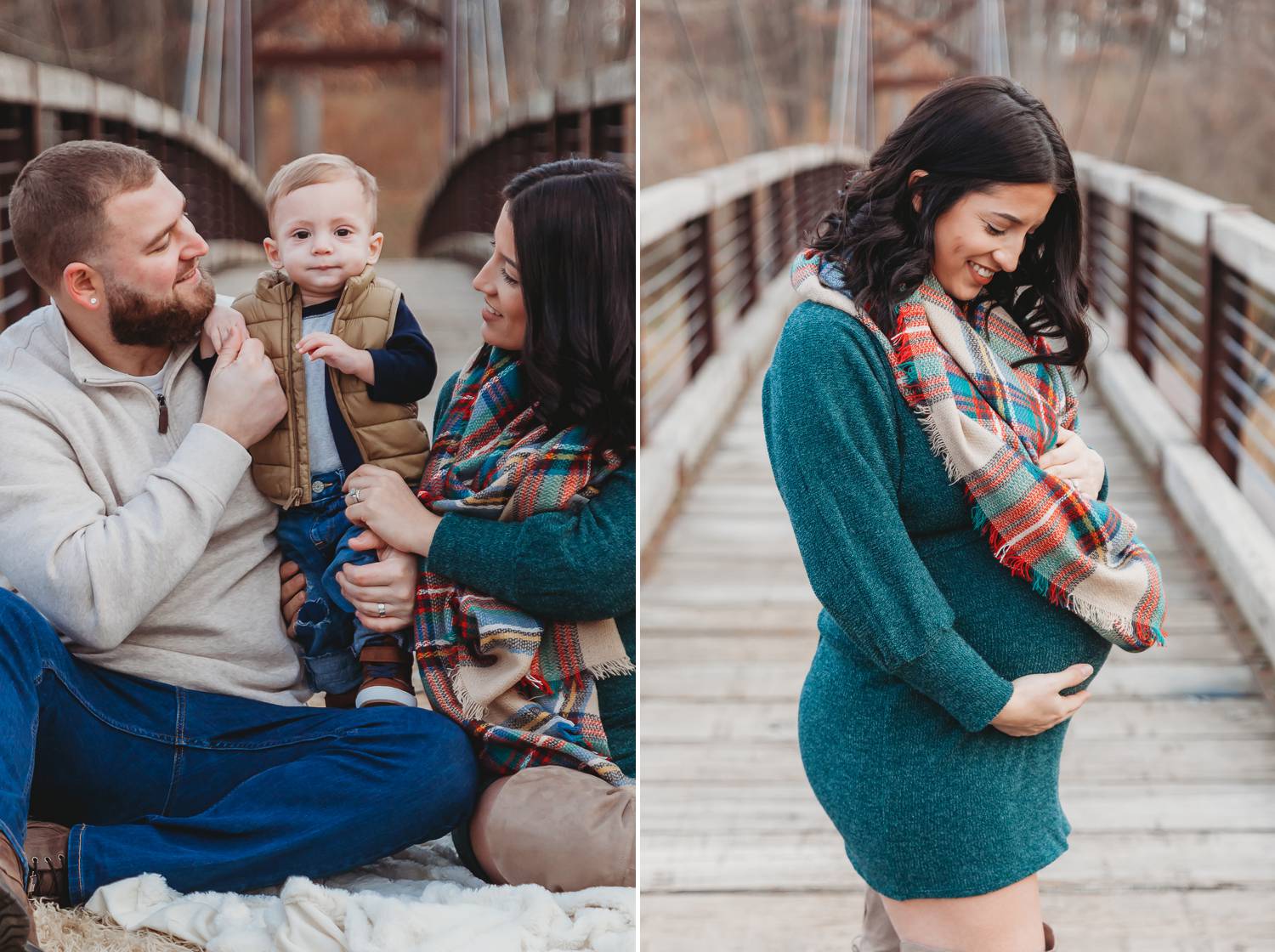 A pregnant woman in a teal dress poses with her husband and toddler son on a wooden pedestrian bridge