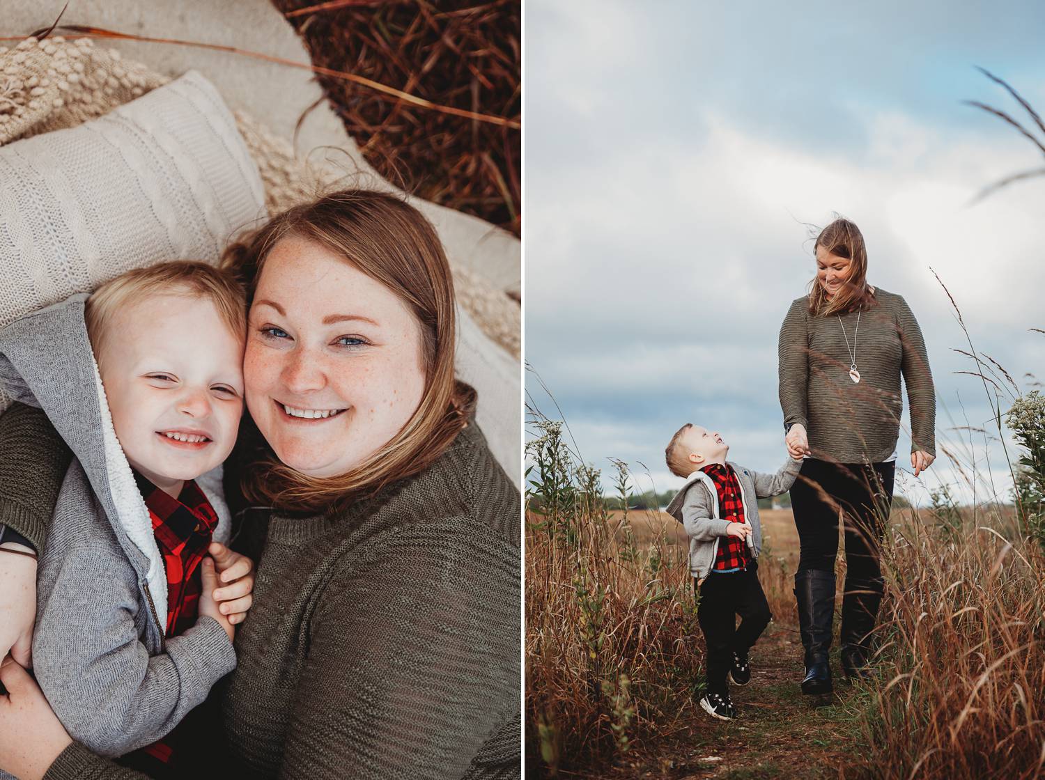 A mom and her little boy stroll through a field and lie on a blanket under an overcast sky