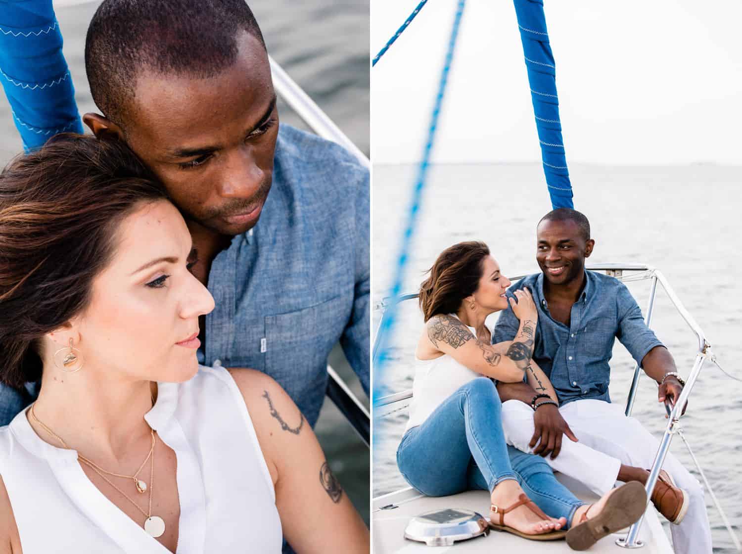 A White woman and a Black man sail on a romantic cruise