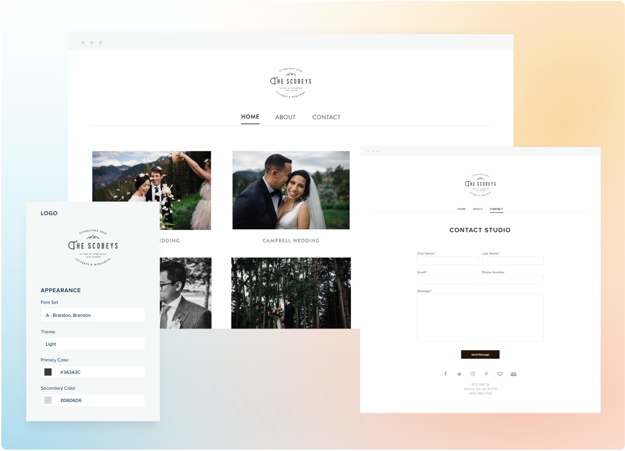 The image shows a website design for "The Scobeys," a photography studio, featuring a clean layout with a logo, navigation menu, and a gallery of wedding photos on the homepage. A contact page is also displayed, including a form for inquiries and the studio's address and phone number.