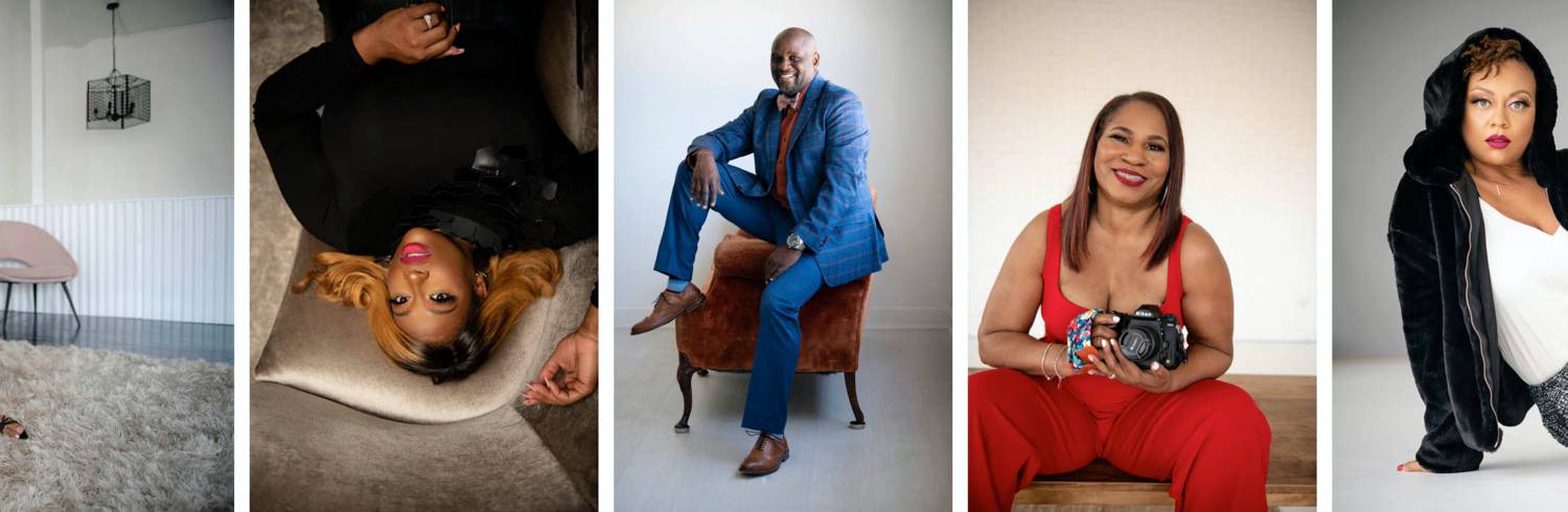 Photos: LaJune King's personal branding sessions include photographs of men in suits, women holding cameras, fashionista's reclining on a velvet sofa, and more.
