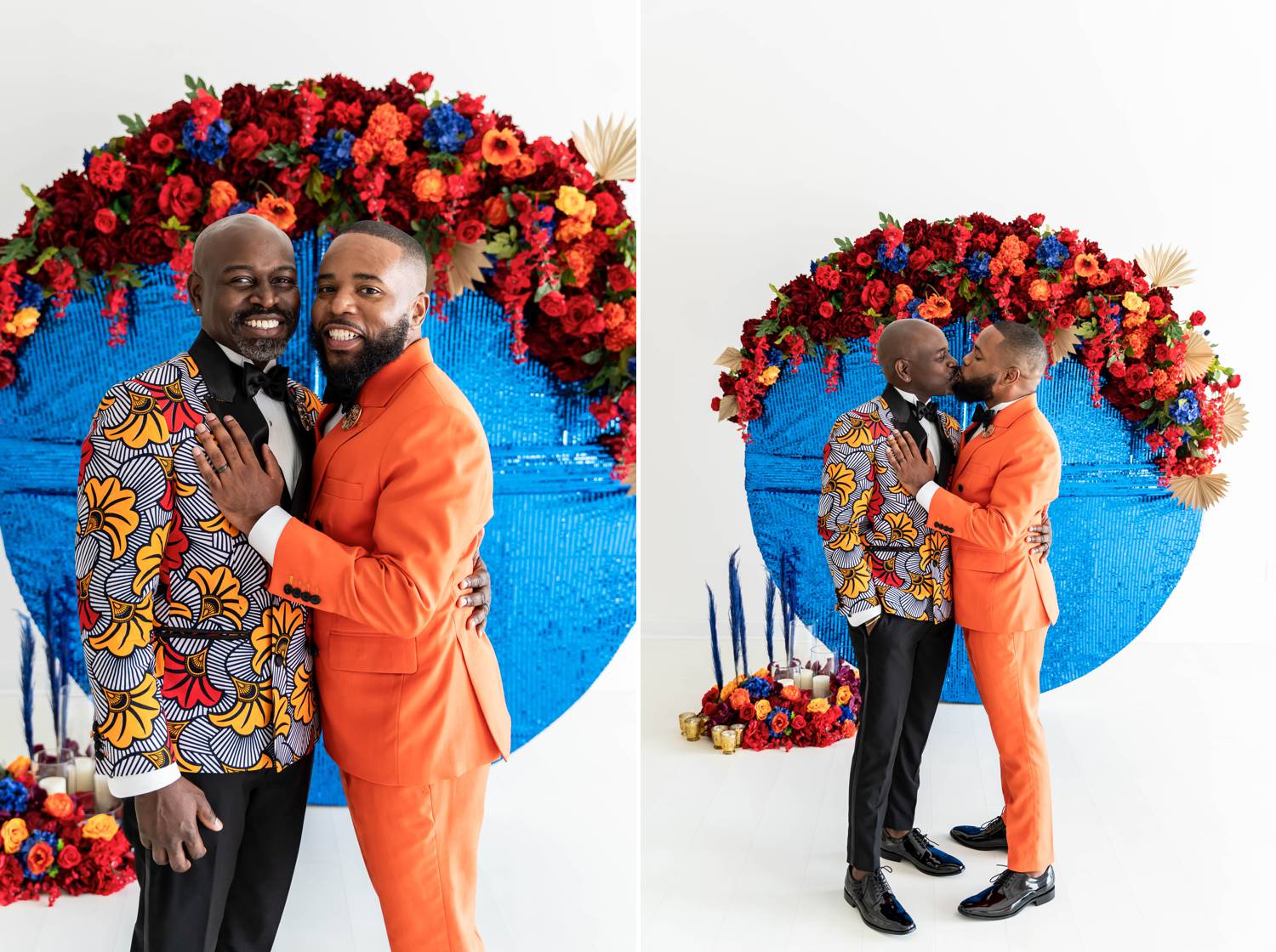 Two vibrantly dressed Atlanta grooms wear bold oranges and blues to celebrate their marriage