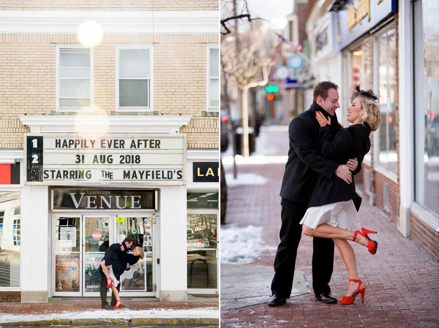 A couple posing in front of a movie theater