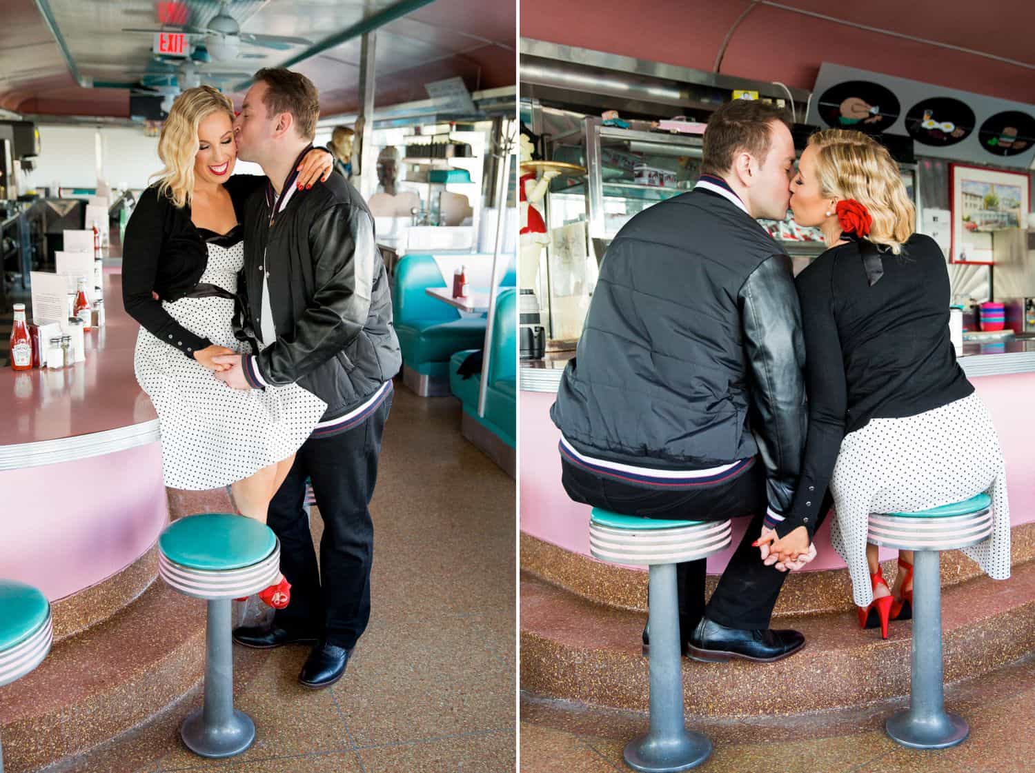 Photos of a couple kissing in a diner