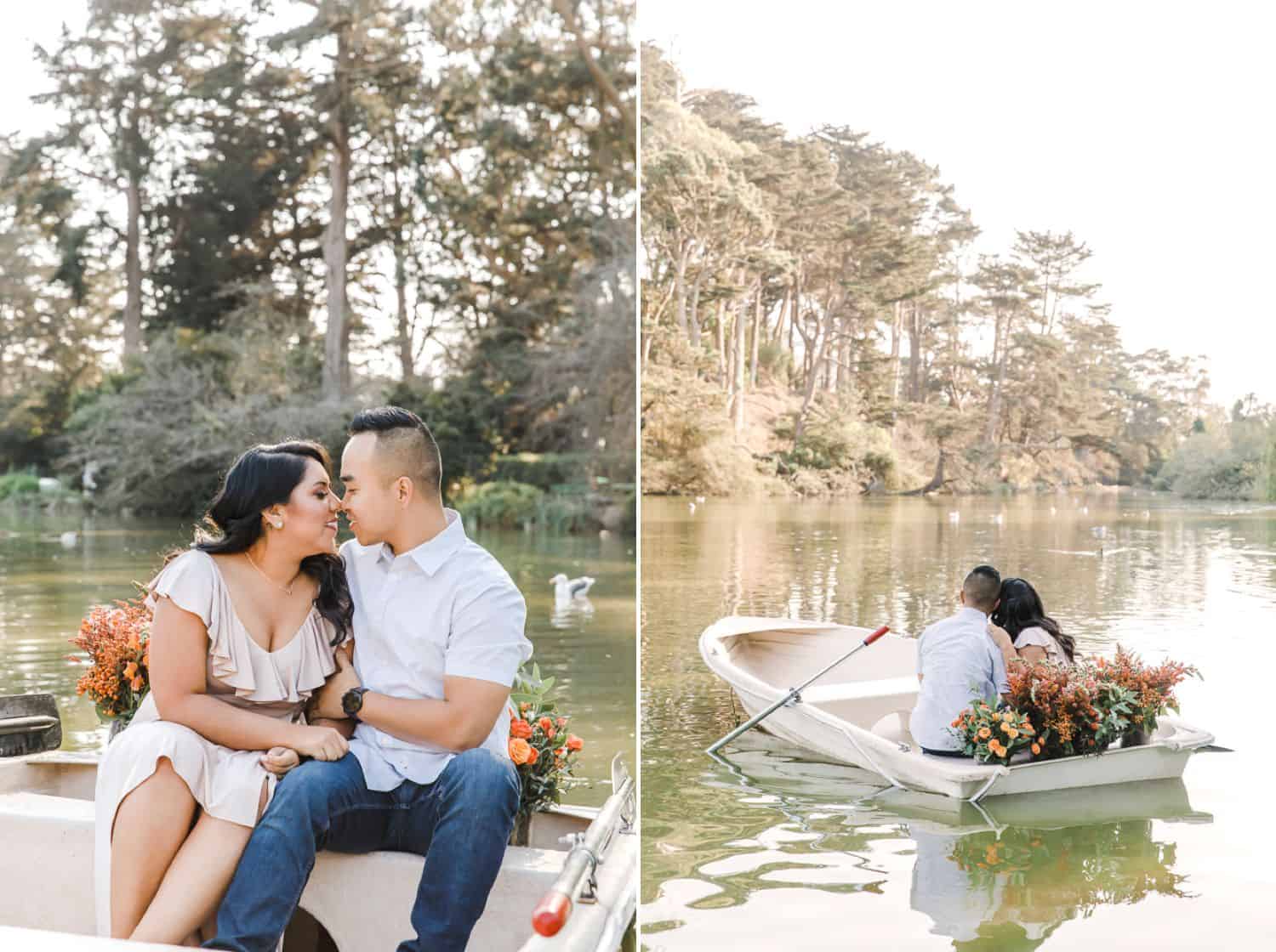 Photos of a couple posing on a boat