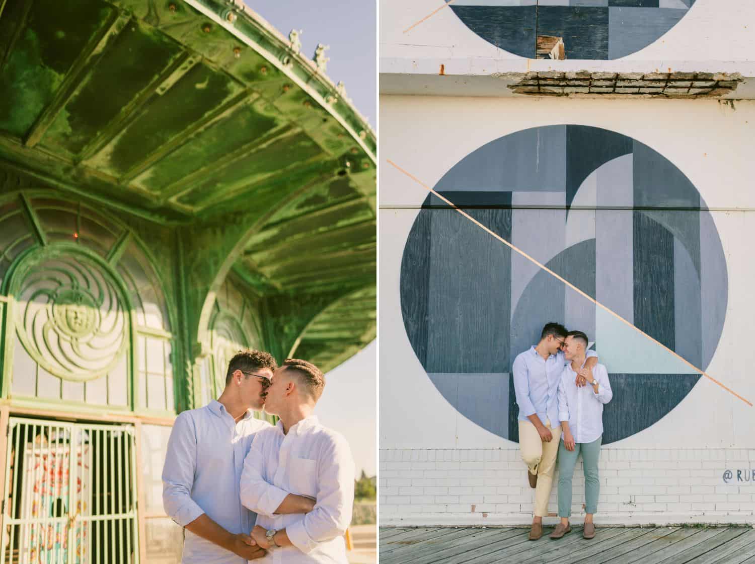 Photos of a couple posing kissing each other and holding hands