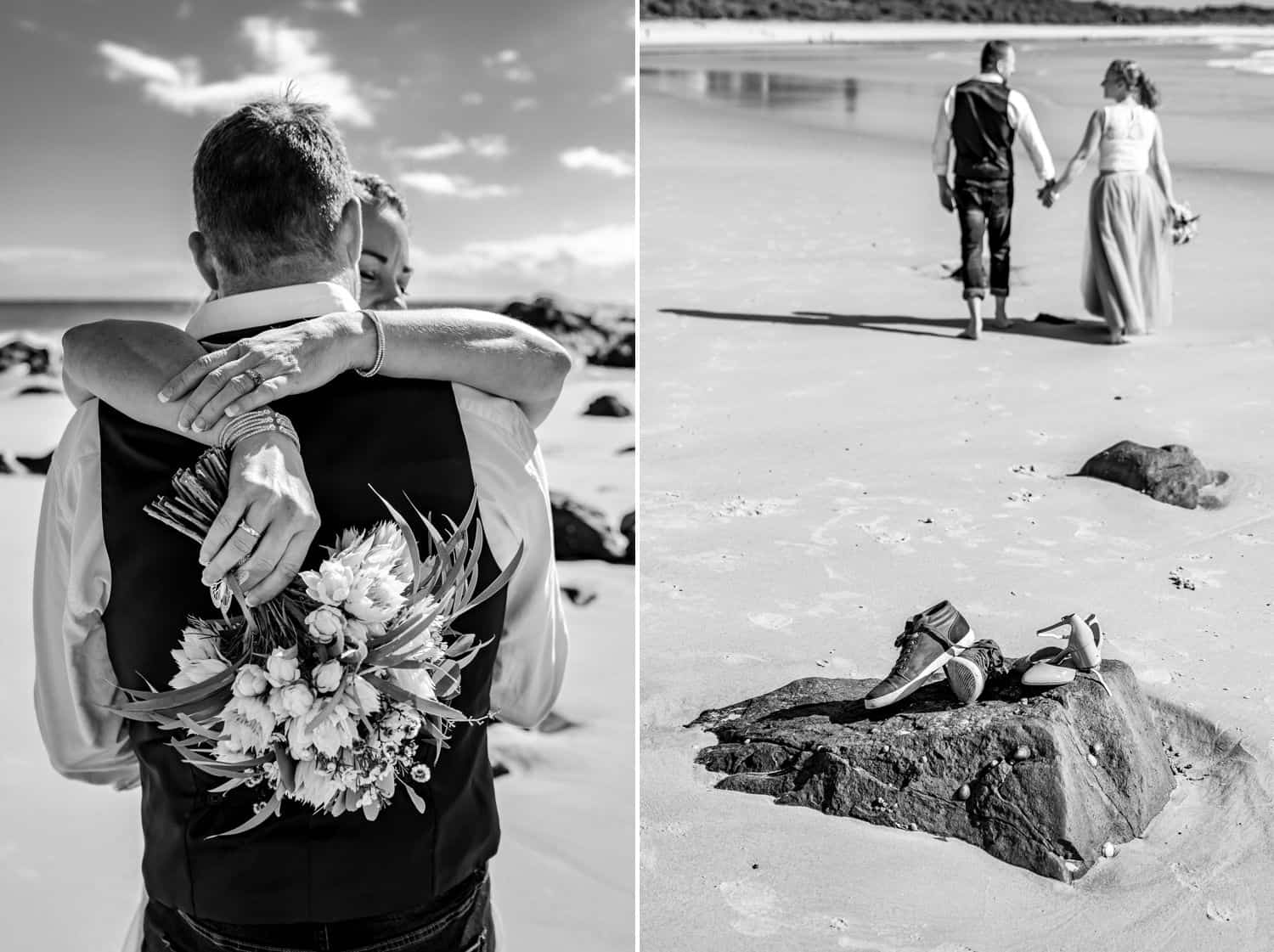 Black and white photo of bride’s arms draped around groom’s neck holding bouquet on the beach. Black and white photo of shoes on a rock as barefoot bride and groom walk away in the distance hand-in hand.