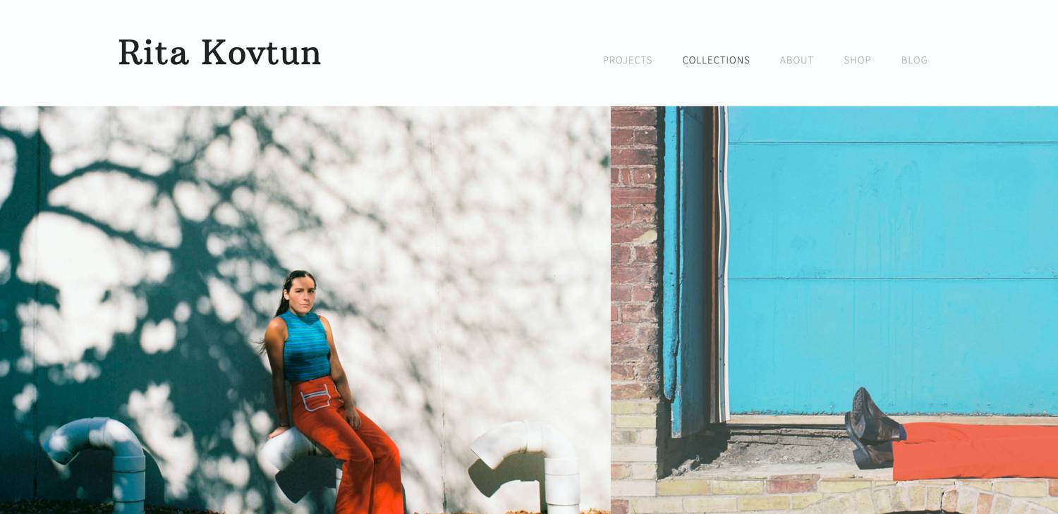 Website: Rita Kovtun's colorful series shows a woman in a bright blue top and orange pants leaning against a shadowy wall.