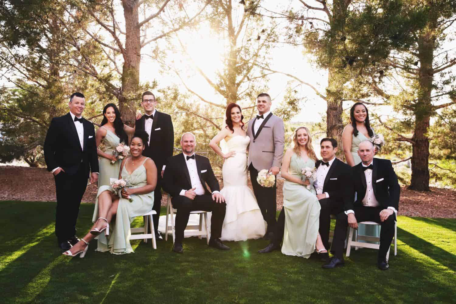 Bridesmaids and groomsmen stand and sit in a formal portrait pose in the grass at the edge of a sun-filled forest.