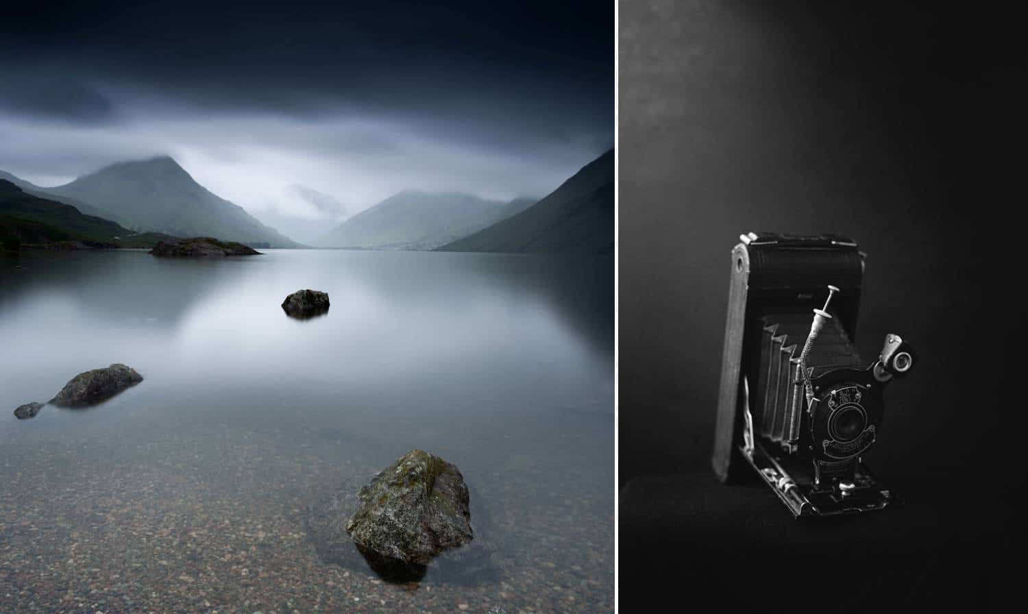 Fine art prints by Joshua Wyborn include this long exposure of a mountain lake and a black and white studio portrait of a vintage camera.