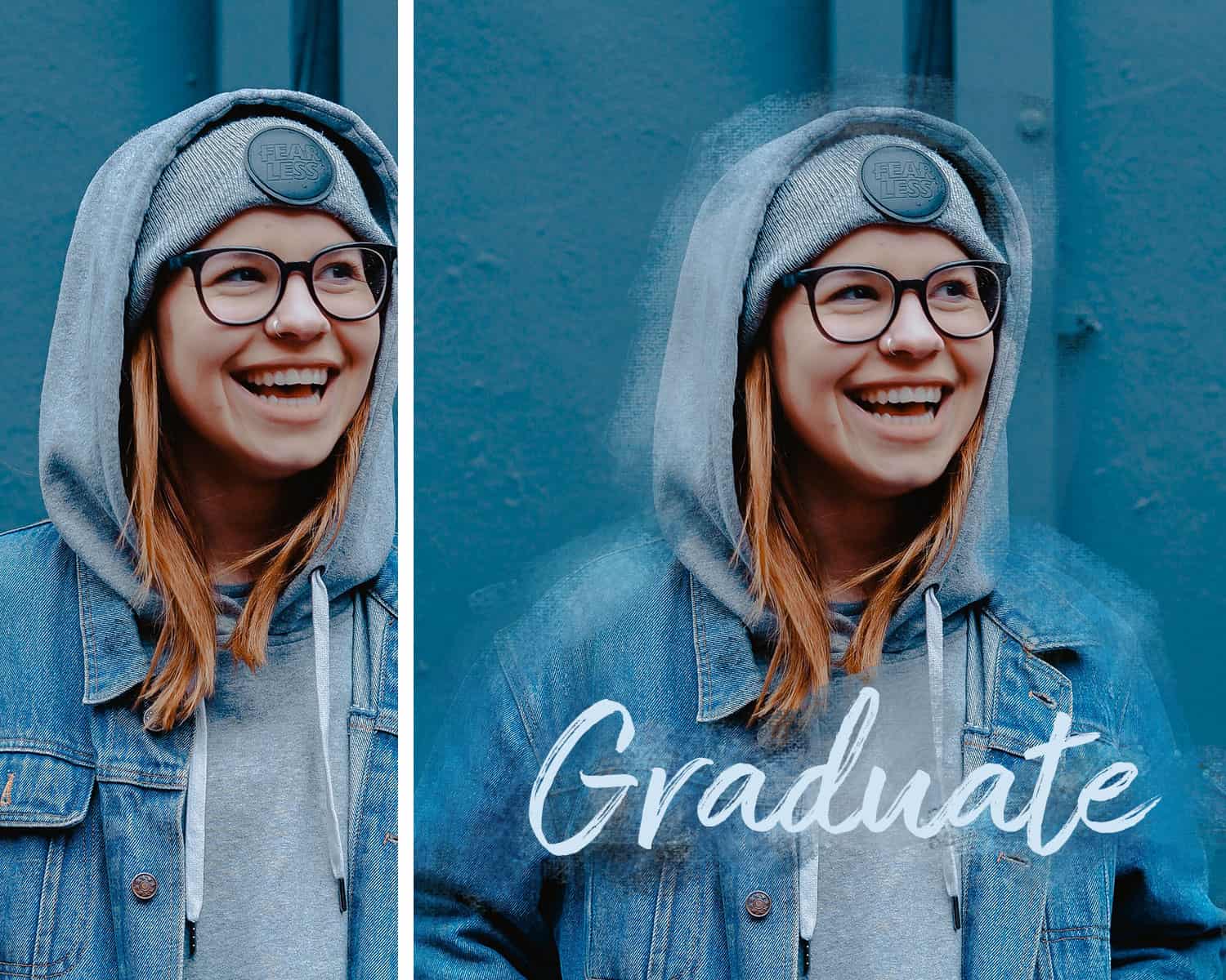 A young red-haired girl with a nose ring and dark-rimmed glasses smiles at something off-camera. She's wearing a grey hoodie, a denim jacket, and a beanie, and she's standing in front of a blue wall.
