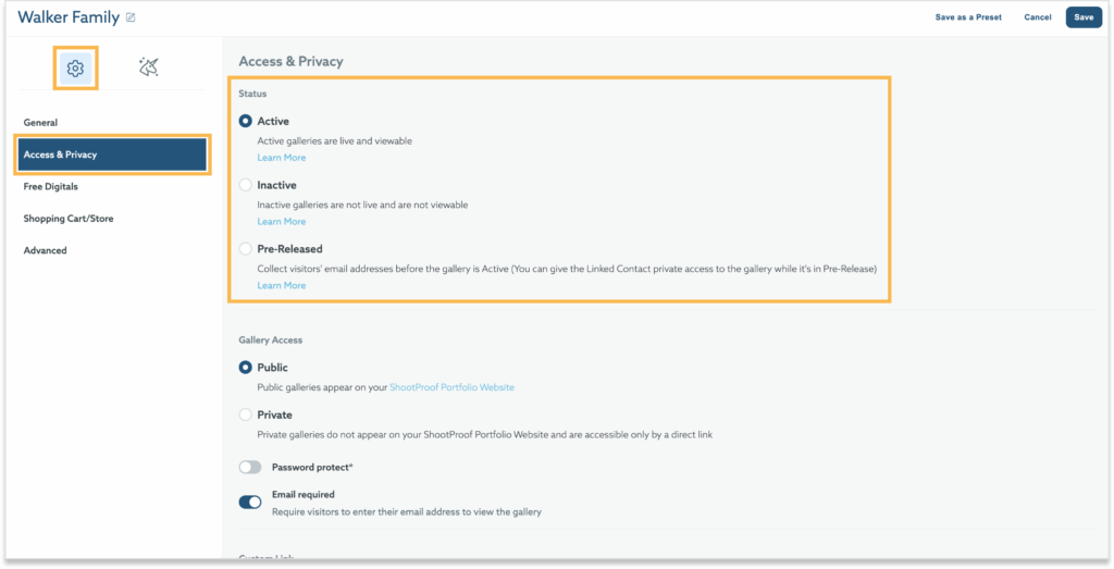 The image shows the "Access & Privacy" settings page for a "Walker Family" gallery, with options to set the gallery status to Active, Inactive, or Pre-Released, and to control gallery access as Public or Private, with password protection and email requirement toggles. The "Access & Privacy" option is highlighted in the left-hand navigation menu.