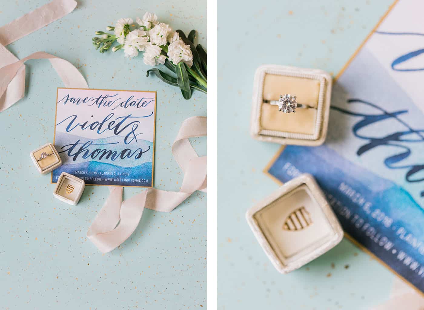 diamond wedding ring and blue and gold wedding invitation rachael osborn client questions