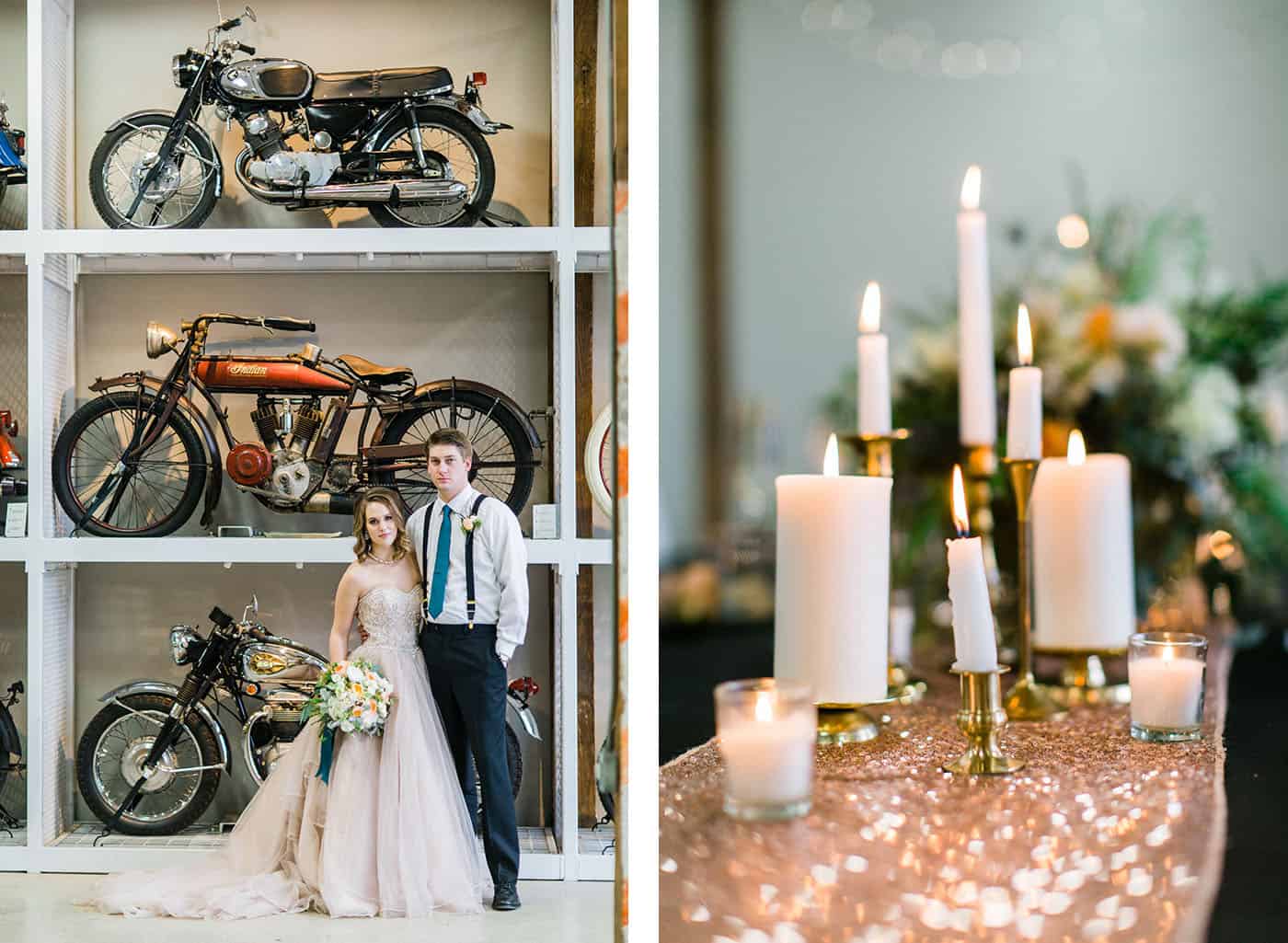 bride and groom with vintage motorcycles and candles rachael osborn client questions