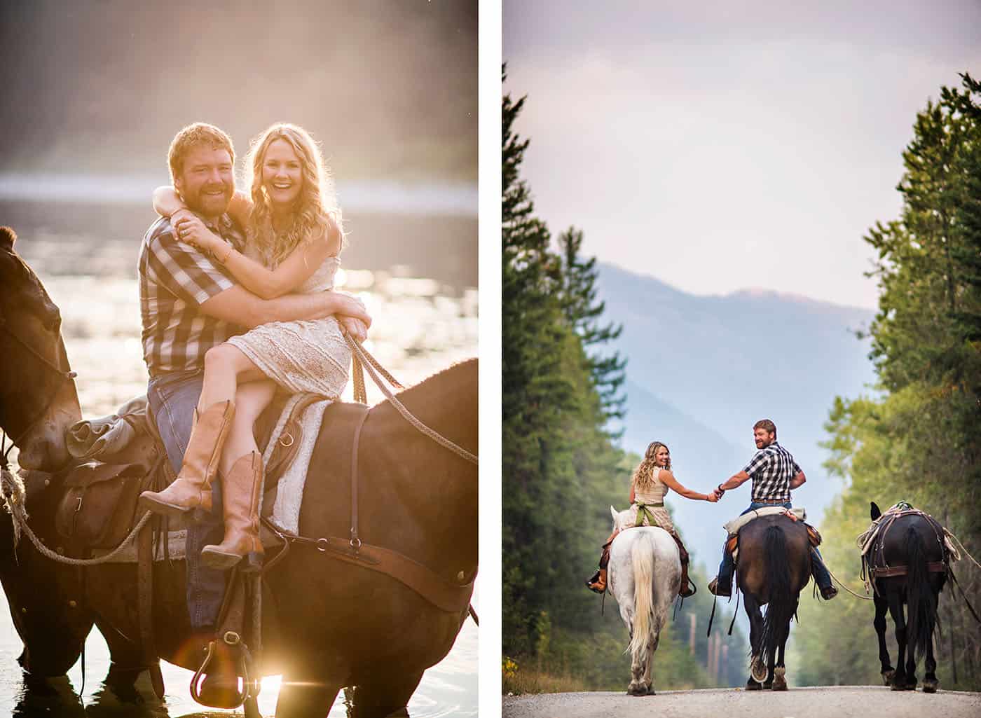 Epic Montana Photo Locations - beautiful couple with horses by a river in the mountains