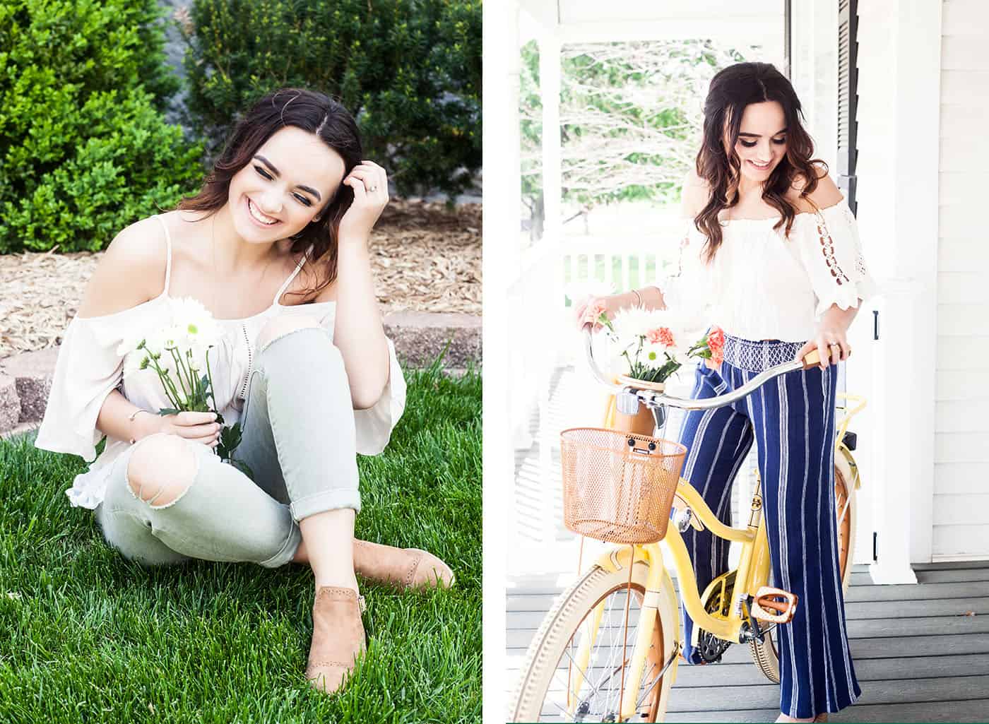 brunette teenage girl smiling with flowers and a bicycle by Heather Yeager