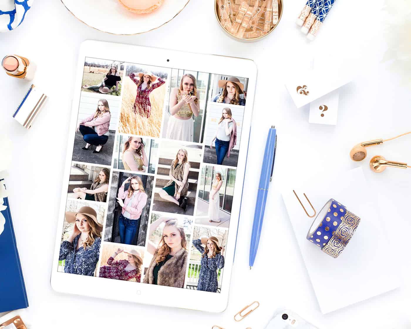 ShootProof Mobile App on a white iPad with blue accessories