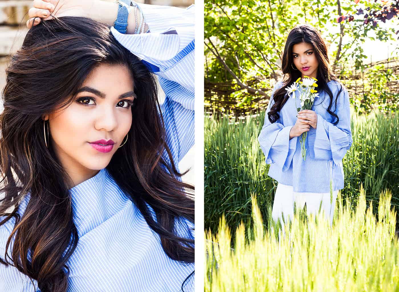 brunette senior girl in a field with flowers by Heather Yeager
