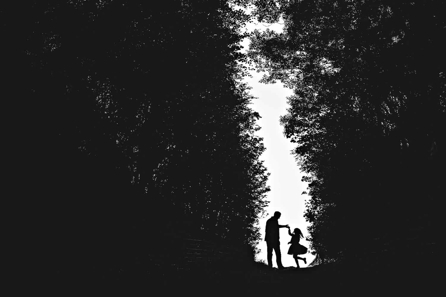 Silhouette of a father twirling his daughter in a sliver of light between large bushes.