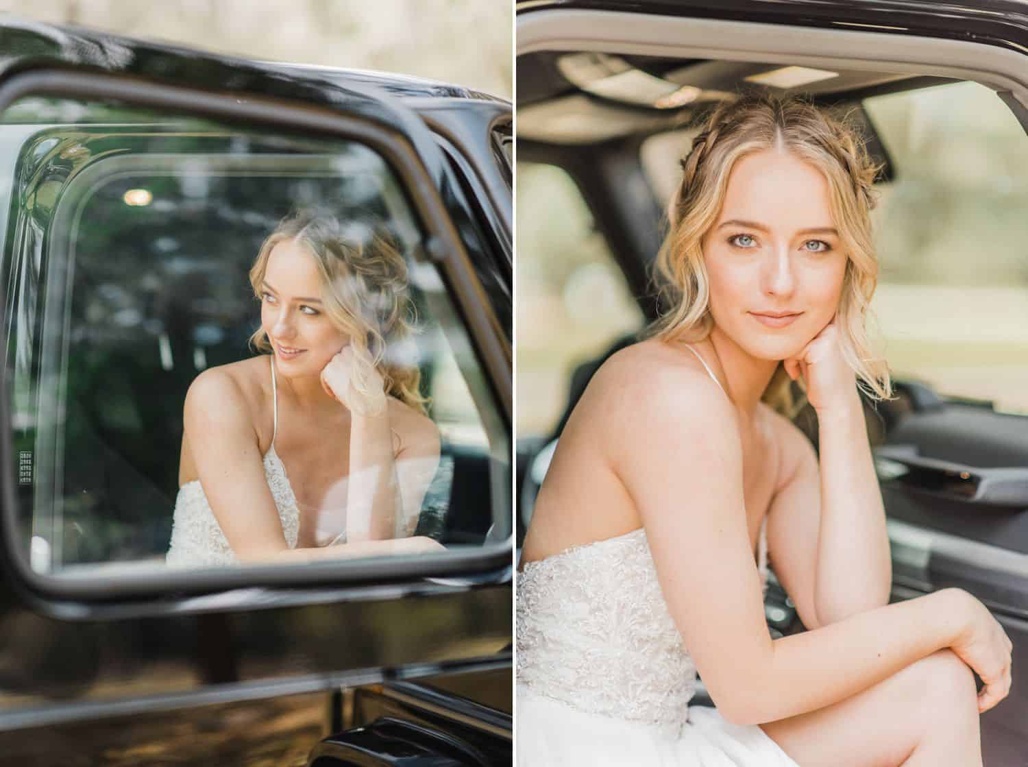 Blonde bride sitting in a Jeep: Get Photography Clients with Styled Shoots