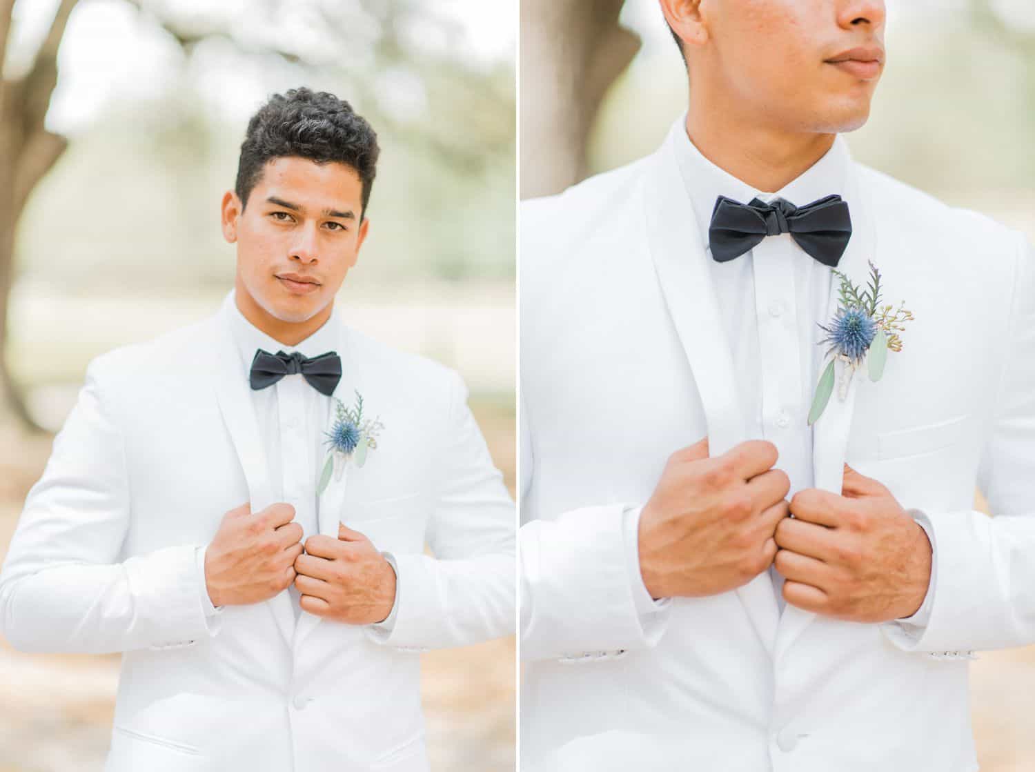 Groom Wearing White Tuxedo & Black Bow Tie: Get Photography Clients with Styled Shoots