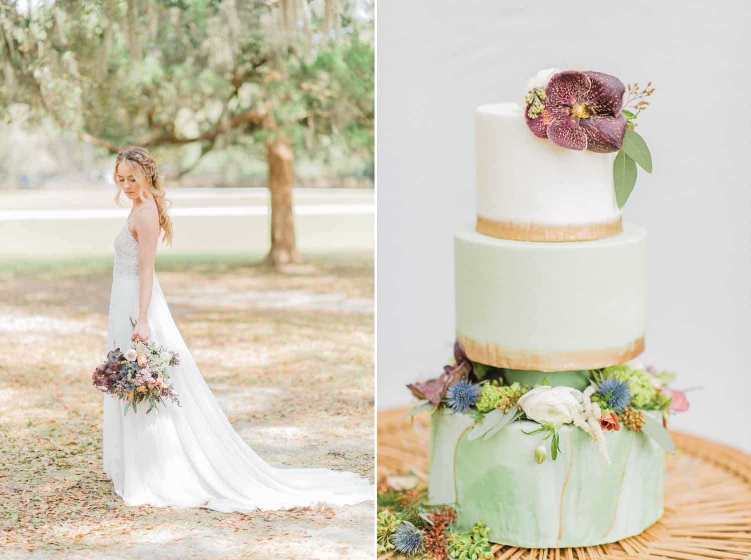 Bride and Pastel Wedding Cake with Gold, Purple, and Green: Get Photography Clients with Styled Shoots