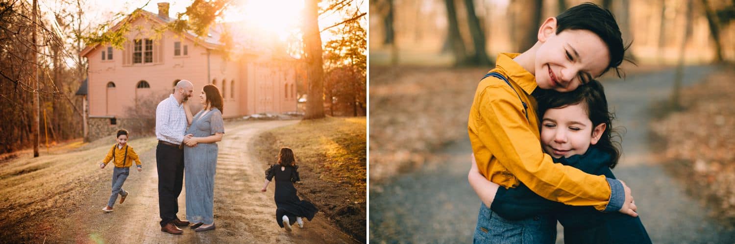 This diptych features two siblings dressed in fall colors skipping down a dirt road at sunset, then hugging one another close.