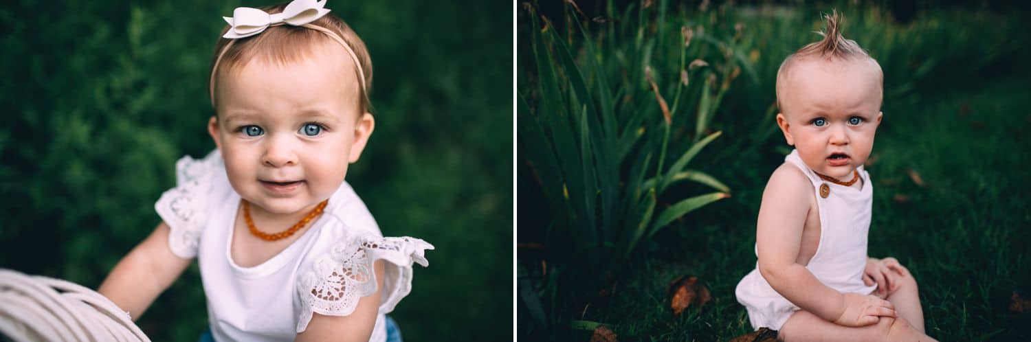 This diptych features two toddler siblings standing in tall green grass.