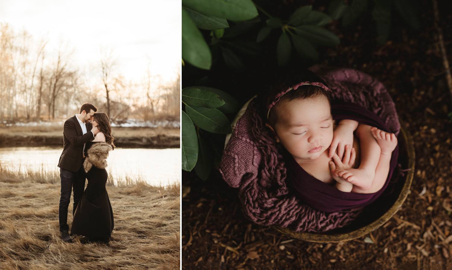 Portrait of a couple by a lake. Portrait of a baby in a basket.
