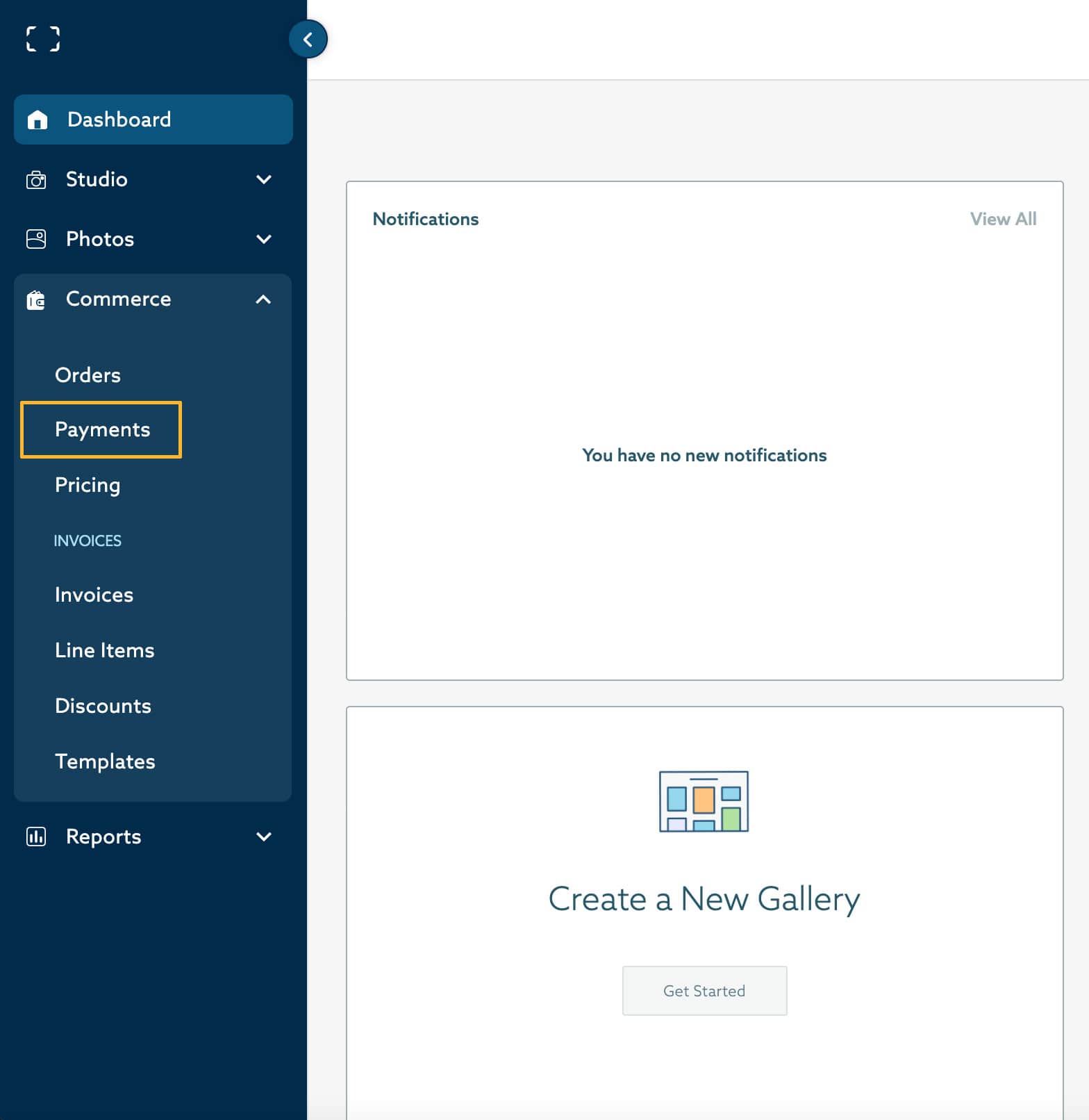 View of payments under commerce tab in new ShootProof Studio navigation