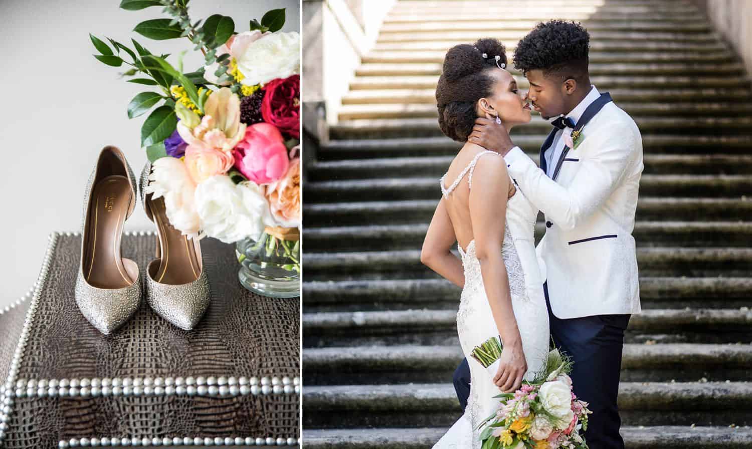A pair of gold high heels sits on a table beside a bouquet. A bride in a white strapless dress kisses a groom in a black and white tuxedo.