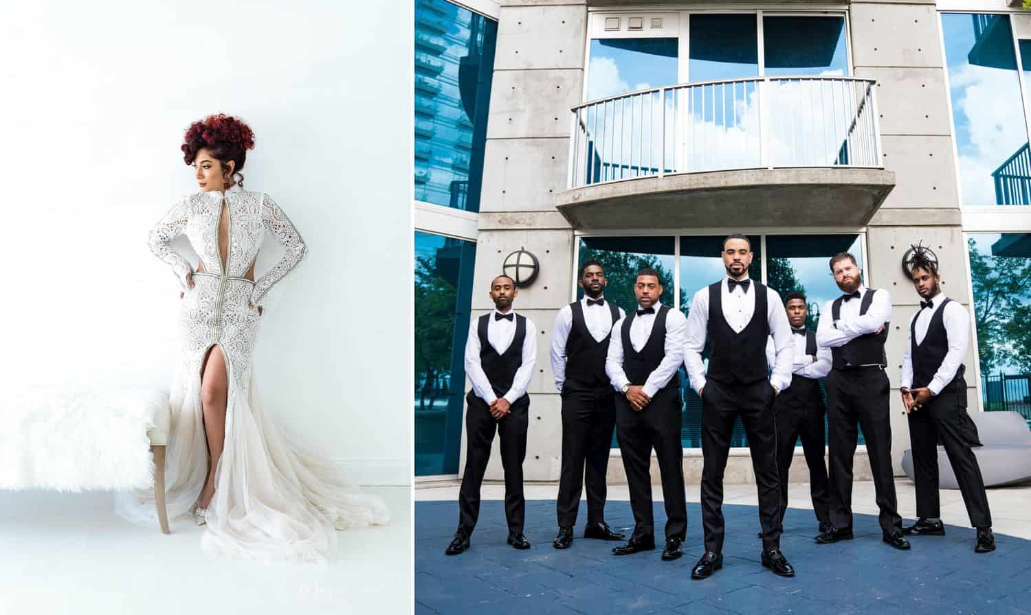 A bride in a long-sleeved lace dress poses before a white wall. A groom and his groomsmen pose in front of a big city sky-rise.