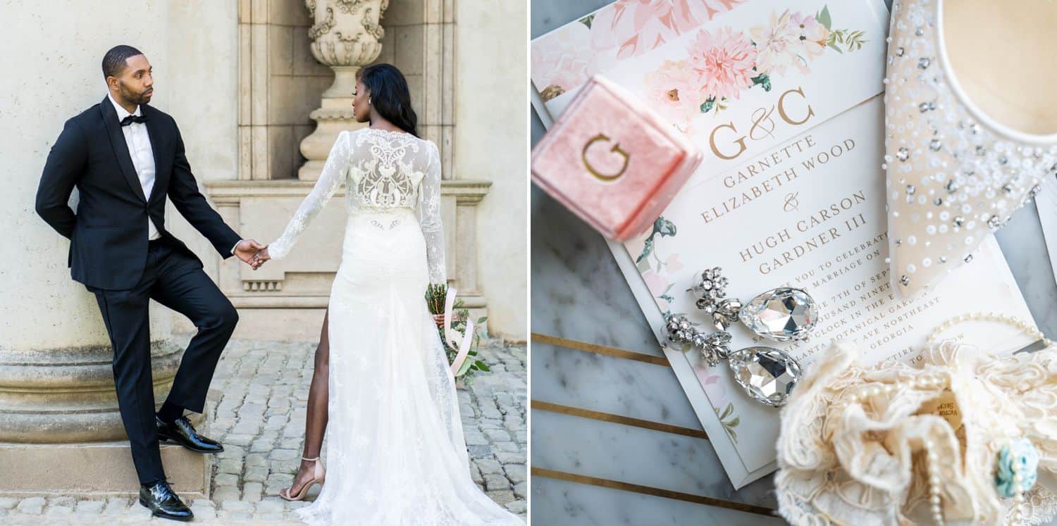 A groom in a black tuxedo leans against a white column, holding hands with his bride who wears a long-sleeved white lace gown.