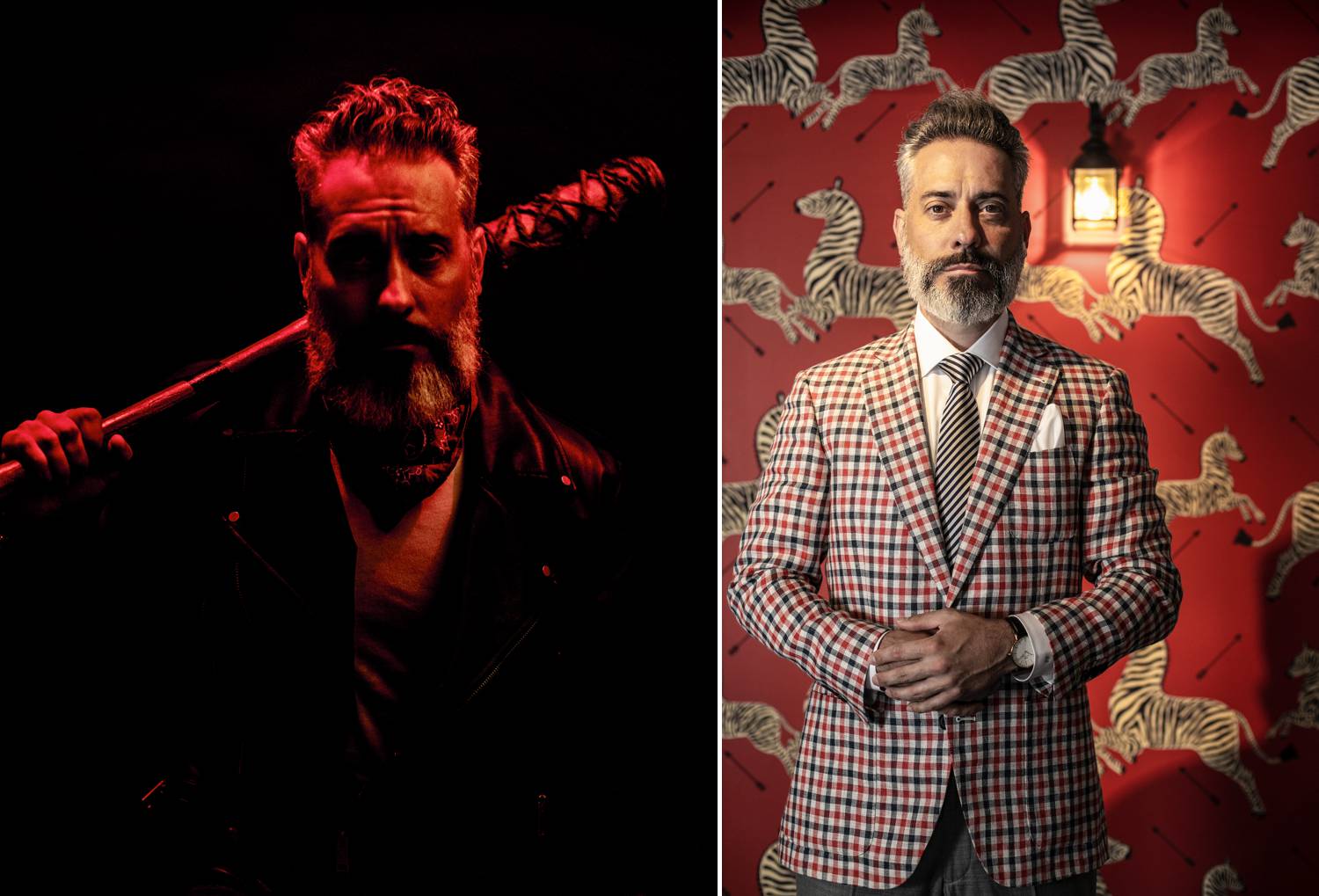 In this styled tribute photograph by Alexander Worth of Jawfox Photography, a man cosplays Negan from The Walking Dead, wearing a leather jacket and carrying the villain's barbed wire-wrapped bat, Lucille.