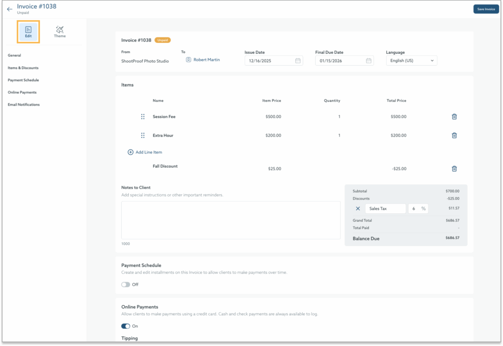 This is a screenshot of an invoice editing screen, showing details like invoice number, issue and due dates, items with prices, discounts, sales tax, and the final balance due. The invoice is from ShootProof Photo Studio to Robert Martin and includes charges for a session fee and extra hours.