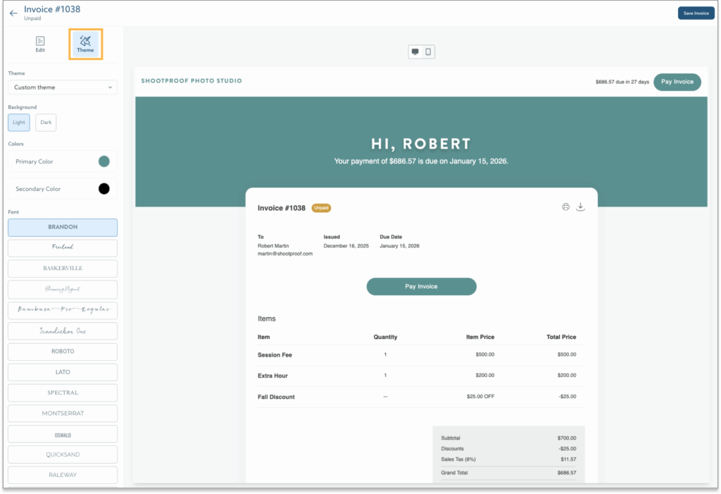The image shows a digital invoice with a customizable theme, displaying options for background, colors, and fonts on the left side panel. On the right, the invoice details include the recipient's name, due date, itemized charges, and the total amount due.