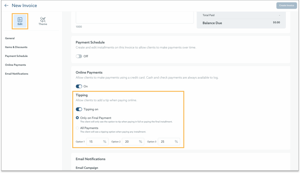 The image shows a "New Invoice" screen with the "Tipping" section highlighted, allowing users to enable tipping and set percentage options for clients to add a tip when paying online. The tipping options include "Only on Final Payment" and "All Payments," with customizable percentage options of 15%, 20%, and 25%.