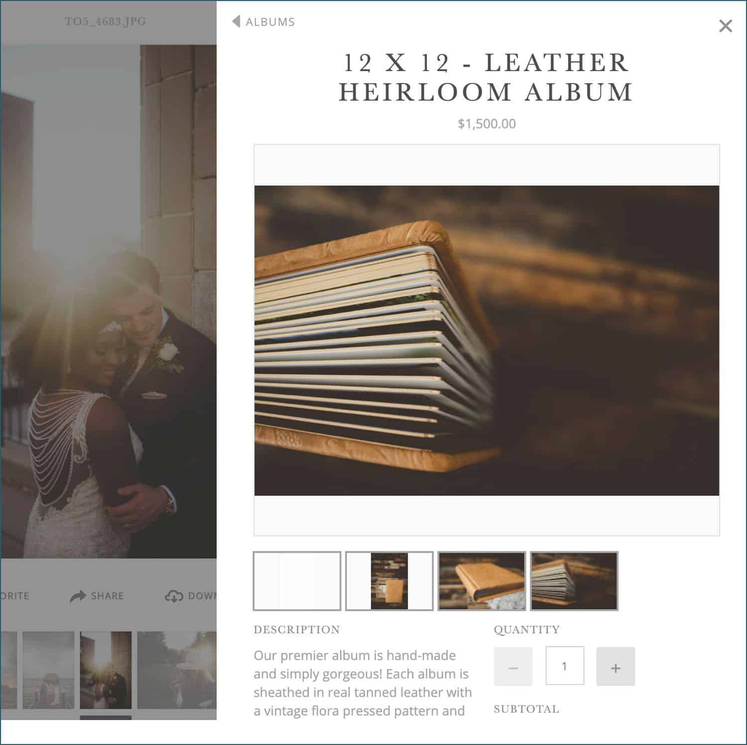 a crop of Twig & Olive's ShootProof shopping cart, showing their leather bound album