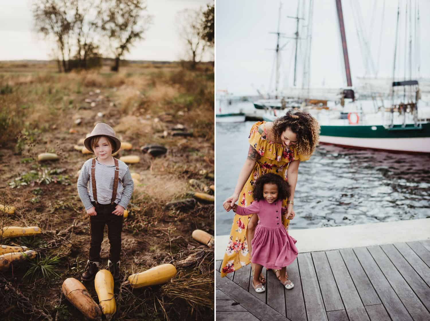 a little boy in suspenders stands in a field of squash. a mom and daughter stand on a boat dock smiling.