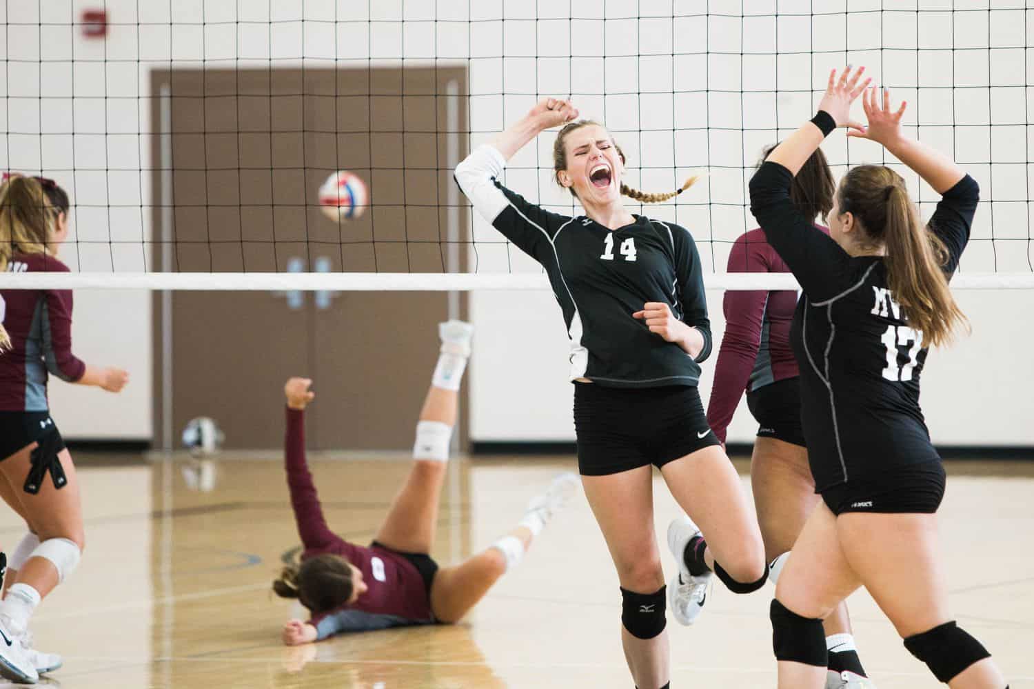 Volleyball players celebrate after scoring against opponent