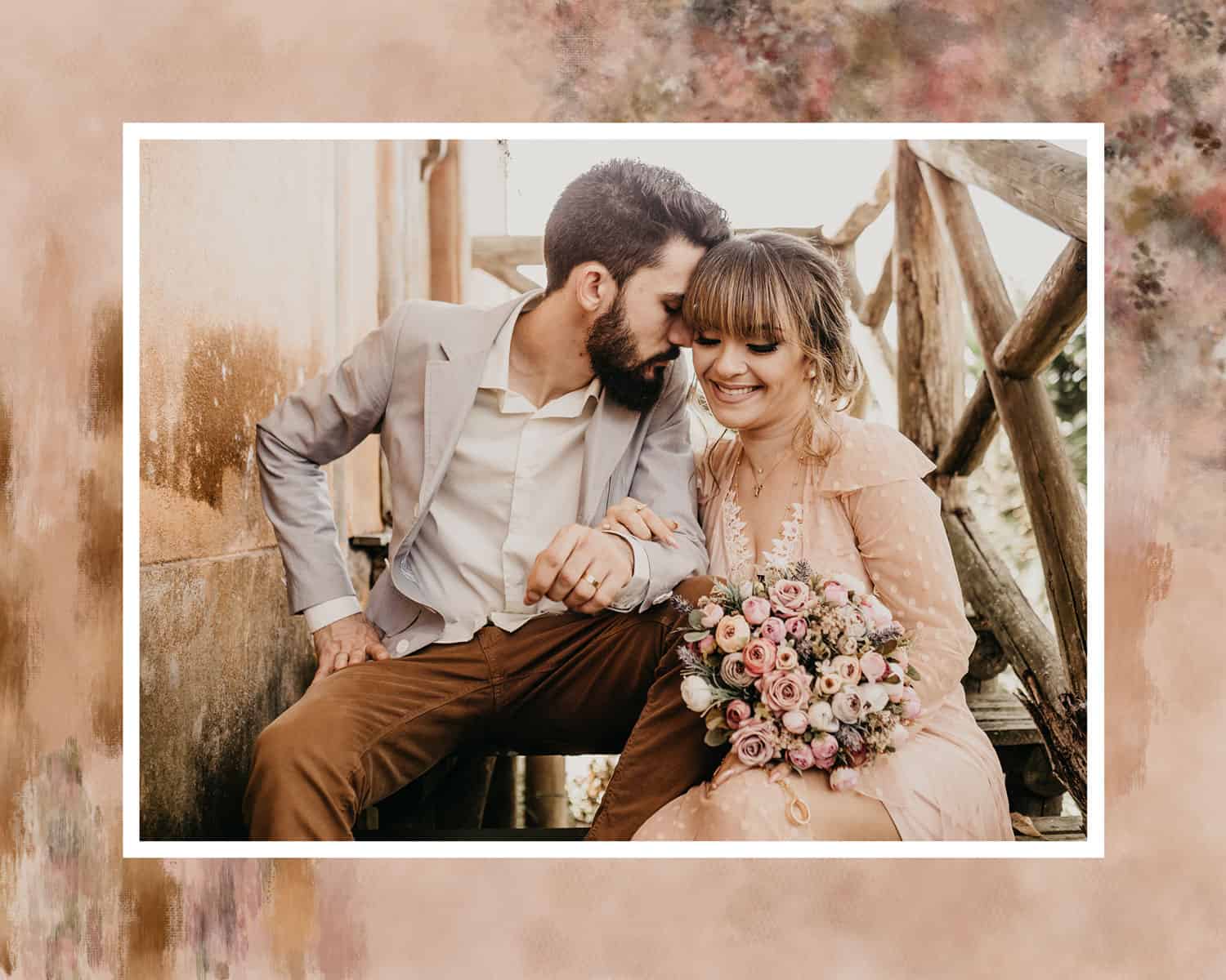 A stylized portrait of a man and woman who sit close together on a wooden staircase. Their heads are bent toward one another, and the woman holds a large bouquet of flowers.