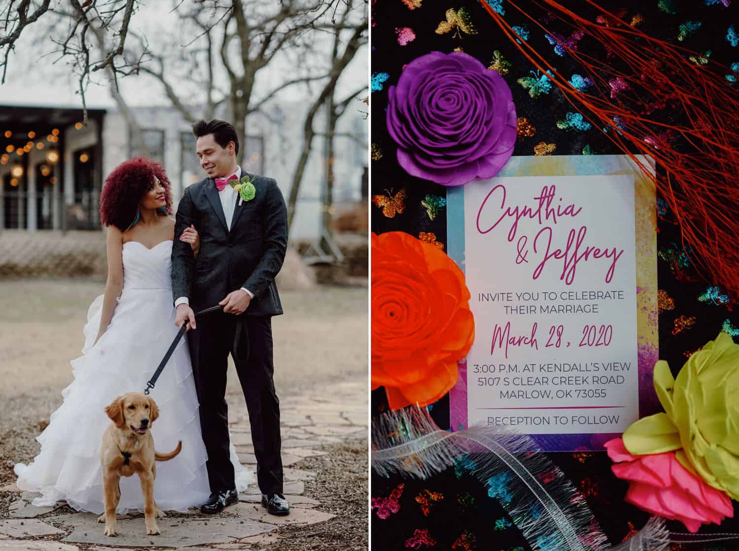 A bride and groom pose with their tiny dog in front of their wedding venue