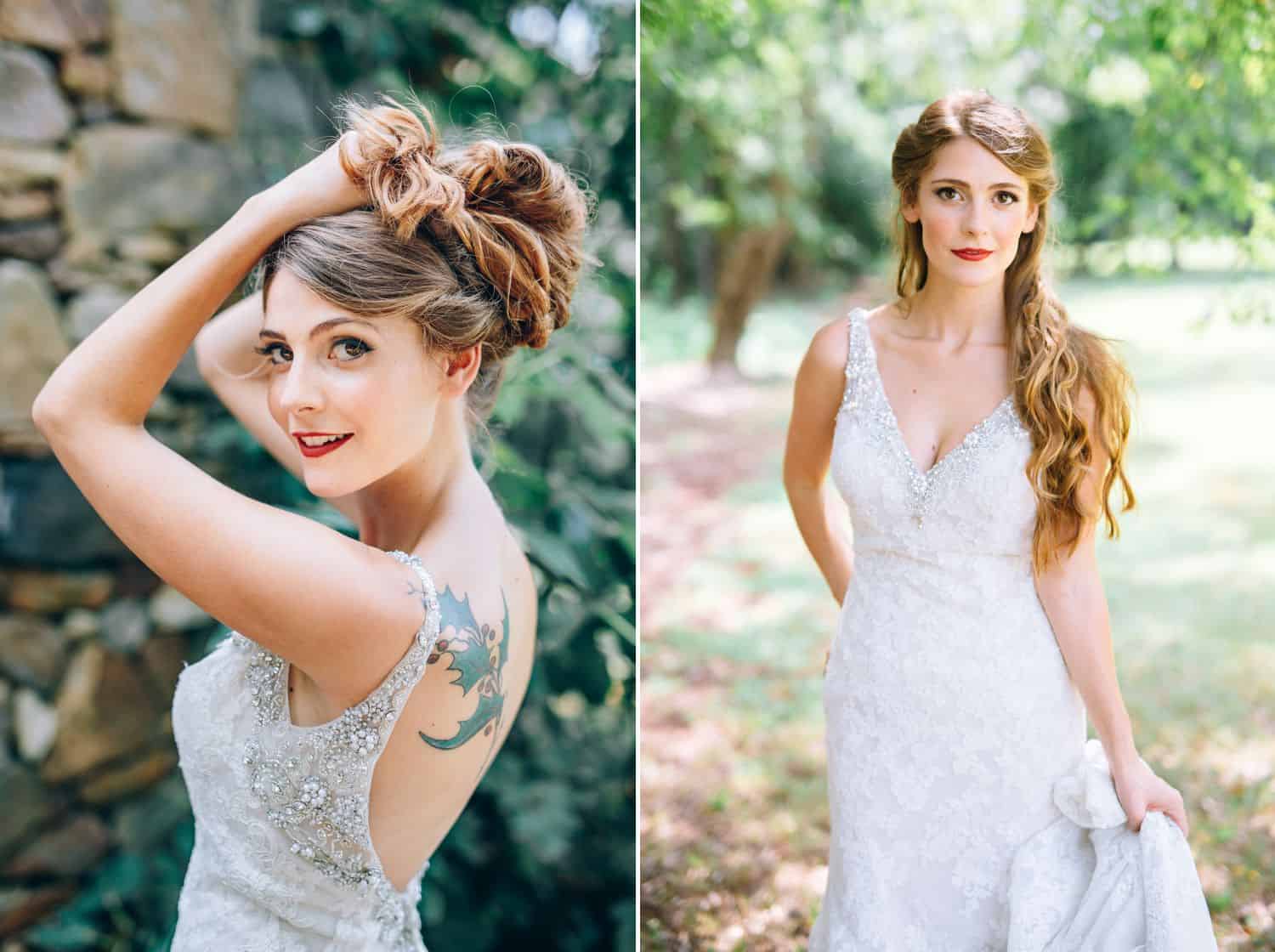 A tattooed bride poses in her wedding dress
